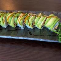 Caterpillar Maki · Eel, cucumber, spicy mayo and tobiko topped with avocado
