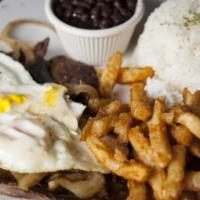 Bife A Cavalo · Pan fried steak topped with sautéed onions and 2 eggs, served with rice, beans, fries, and s...