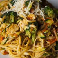 Linguine Primavera With Chicken · Sautéed chicken, vegetables and finished with wine butter sauce.