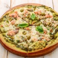 Shrimp Pesto Pizza · Fresh caught shrimp, pesto basil, chunky tomatoes, Italian seasoning, and mozzarella cheese ...