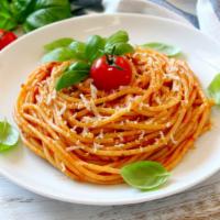Spaghetti · Classic spaghetti pasta topped with house made marinara sauce and served with a side salad a...