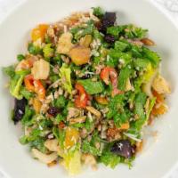 Heirloom Carrot + Farro Salad · baby kale, pickled giardiniera, dried fruit, multigrain croutons, spiced almonds, parmesan-g...