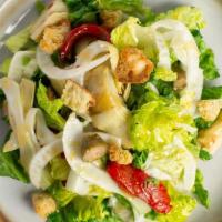 Mediterranean Salad · marinated artichokes, roasted red pepper, caper berries, garlic croutons, shaved fennel, she...