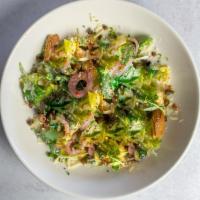 Caesar Salad · pickled red onion, fried capers, baby kale, romaine, garlic croutons, parmesan (w/o nuts)