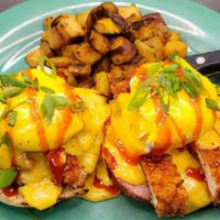 Chicken Cordon Bleu Benny · Thick cut English muffin, Local NH North Country smoked ham, rice crispy coated chicken brea...
