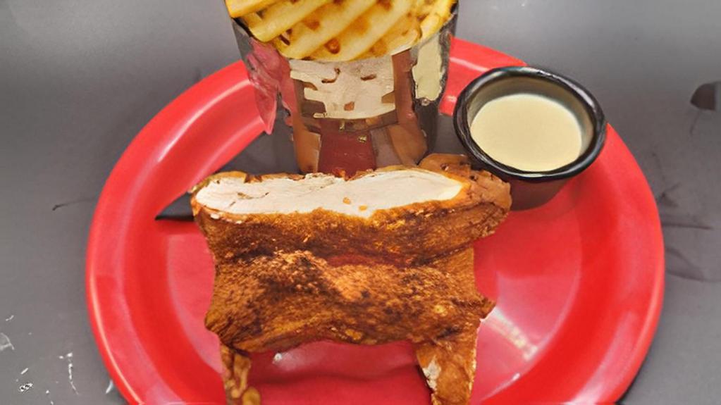 Tiny Chicken Strips · Rice Crispy coated chicken strips served with waffle fries & honey mustard.