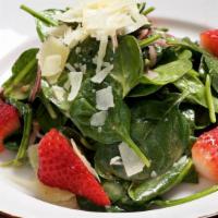 Spinach Salad · Gluten-Free, Vegetarian. Baby spinach, blistered grape tomatoes, fried goat cheese, warm she...
