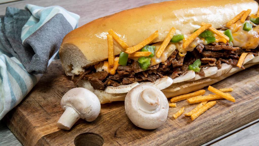 Mushroom Cheesesteak · Thinly sliced and marinated beef with farm-fresh mushrooms. Served as a classic cheesesteak.