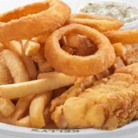 Fish Plate · North Atlantic white fish, fried to a golden brown served with fries and onion rings with a ...