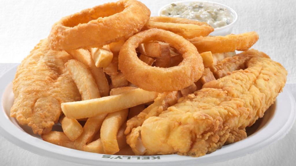 Fish Plate · North Atlantic white fish, fried to a golden brown served with fries and onion rings with a side of Kelly's homemade tartar sauce .