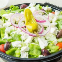 Greek Salad · Garden fresh iceburg & romaine, cucumbers, tomatoes, onion, peppers, feta cheese, & kalamata...