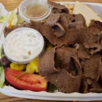 Gyro Platter · Spiced lamb and beef strips with Greek salad, orzo pasta, pita and tzatziki.