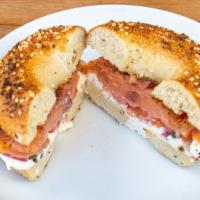 Smoked Salmon Bagel · Your choice of Whatsabagels toasted with 3 ounces of Smoked Salmon, cream cheese, capers, re...