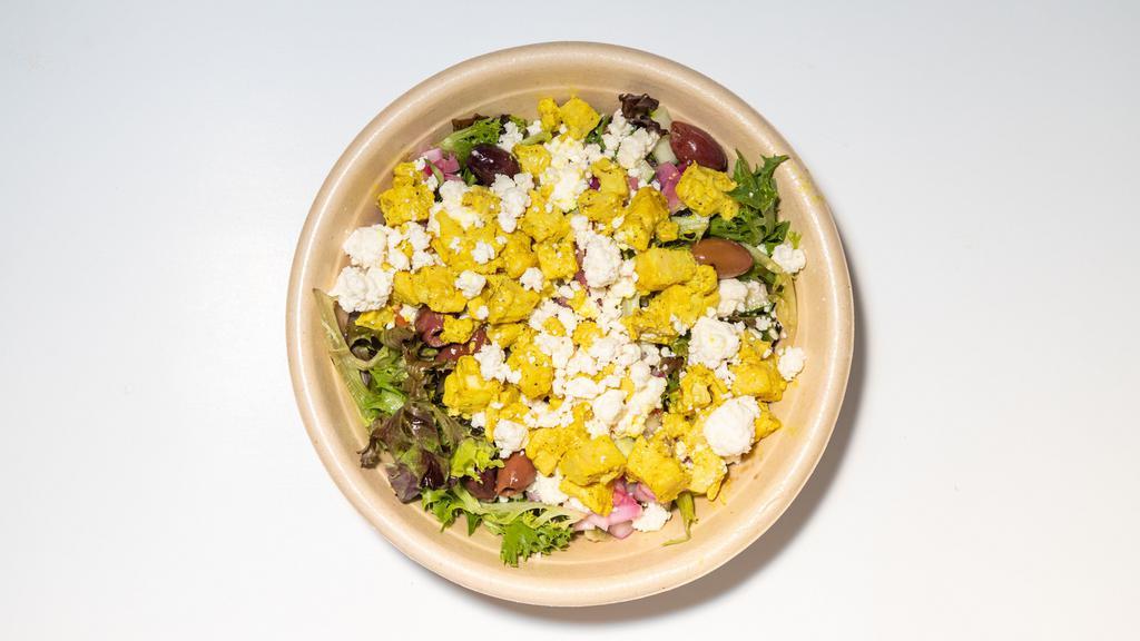 Greek Salad Bowl · Cucumber, tomatoes, red onion, mixed greens, kalamata olives, feta, lemon olive oil. Add Souvlaki Chicken (Chicken breast, lemon, and sour cream), Add Spicy Beef (Grilled steak strips with chili), Add Falafel Balls (5 falafels) & Add Chicken Gyro for an additional charge.