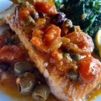 Organic Salmon Puttanesca Family Style · wester ross salmon, tomato, olive, capers, garlic, fresh herbs, fingerling potatoes, broccol...