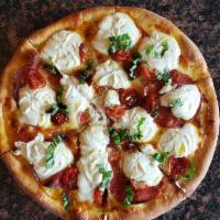 Sweet Tuscany Pizza · white pizza, salami toscano, fire roasted tomatoes, grande ricotta, honey, basil