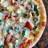 Pizza Paolo · White pizza, chicken, mozzarella, broccoli rabe, roasted peppers