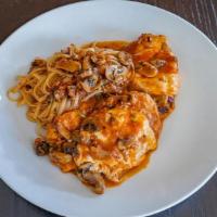 Chicken Saltimbocca · chicken breast topped with parma prosciutto, fresh mozzarella, kennett square mushrooms, whi...