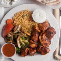 Chicken Kebab Dinner Entree · Marinated chicken breast cubes charbroiled.