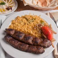 Kafta Kebab Dinner Entree · Seasoned with ground beef and lamb, onions and parsley; charbroiled.