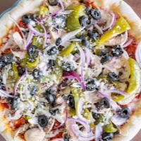 Work Whole Pizza · Pepperoni, mushrooms, green peppers, sausage, black olives and onions.