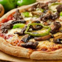 Steak & Cheese Pizza · Fresh pizza dough filled with shaved steak, grilled mushroom, peppers and onion.