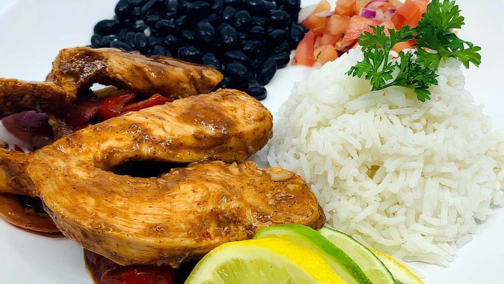 Chicken Fajitas · Baked chicken with onions and peppers. Served over basmati rice with black beans and salsa. 444 cal.