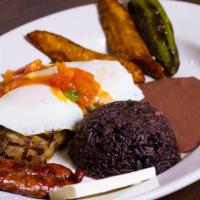 El Jornalero Steak · 12oz. New York Steak, topped with two eggs and Ranchero Sauce, served with Salvadorean sausa...