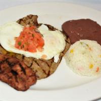 Carne Con Huevo Y Chorizo · Grilled steak, two eggs, Salvadorean sausage and pico de gallo.