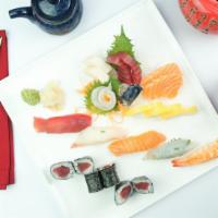 Sushi & Sashimi Combo (For 1) · 5 pieces sushi, 9 pieces sashimi & tuna roll.