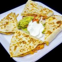 Quesadilla Mexicana  · Flour tortilla with your choice of meat . served with pico de gallo, sour cream, and guacamo...