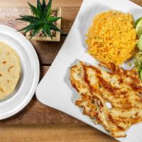 Pechuga De Pollo Asada  · Deliciously marinated grilled chicken breast. Served with rice, salad, and two handmade tort...