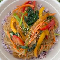 Japchae Bowl · Steamed rice with vegetarian japchae noodles