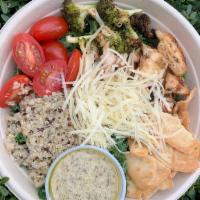 Pesto Caesar Salad · Kale, quinoa, cherry tomato, roasted broccoli, pita chips, parmesan, herb chicken, with pest...