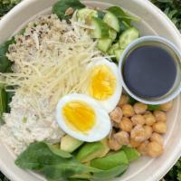 Tuna Salad Salad · Spinach, tuna salad, quinoa, avocado, chickpea, cucumber, hard boiled egg, sunflower seeds, ...