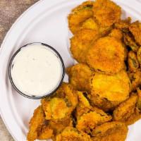 Fried Pickles · Seasoned crispy pickle chips with ranch dipping sauce