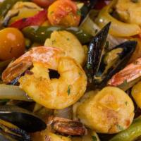 Seafood Gumbo · Gluten Free. Sea scallop, plump shrimp, cod filet, mussels, onions, peppers, garlic, mushroo...