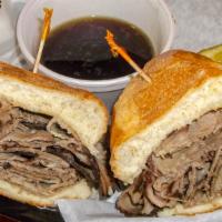 Mo'S Deli Dip · Roast beef brisket on a hoagie roll. Comes with a CUP OF BEEF AU JUS DIP.