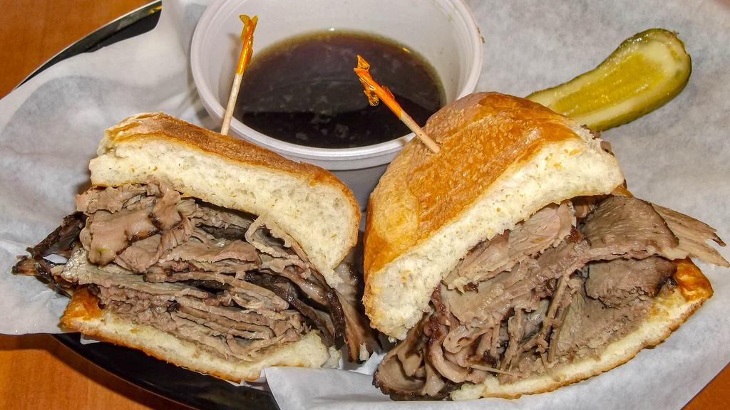 Mo'S Deli Dip · Roast beef brisket on a hoagie roll. Comes with a CUP OF BEEF AU JUS DIP.