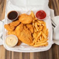 Chicken Finger Platter · Served with french fries cole slaw garlic bread and salad.