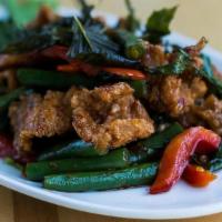Beau Thai Chicken · Lightly battered & tossed in a spicy garlic sauce & string beans