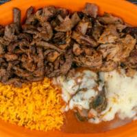 Three Amigos · Three of our favorite meats combined into one dish. Carnitas in our signature green sauce, s...