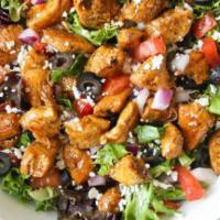 Grilled Chicken Madeira Salad · Marinated fresh chicken, mixed greens, feta, tomatoes, red onions and olives.