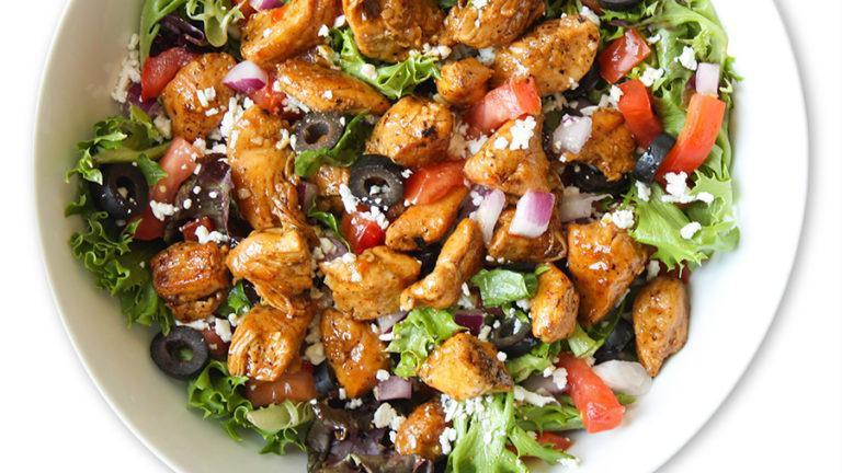 Grilled Chicken Madeira Salad · Marinated fresh chicken, mixed greens, feta, tomatoes, red onions and olives.