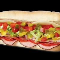 Italian · Pepperoni, ham, cheese, salami, crisp lettuce, tomatoes, red onions, hot peppers, pickles an...