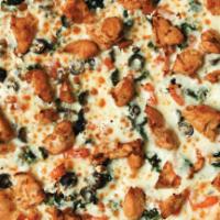 Cyprus · White pizza with oil and garlic, fresh chicken, mozzarella cheese, olives, tomatoes, spinach...