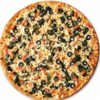 Mediterranean · White pizza with oil and garlic, mozzarella cheese, olives, tomatoes, spinach and feta cheese.