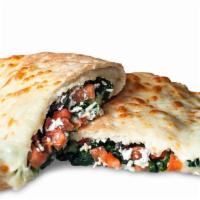 Mediterranean Calzones · Oil and garlic, olives, tomatoes, spinach and feta cheese.