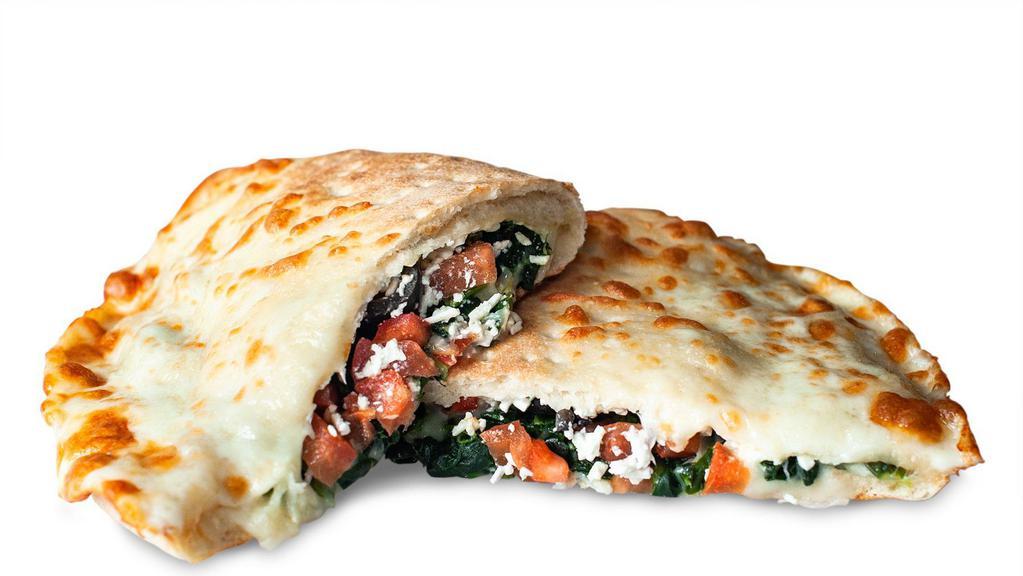 Mediterranean Calzones · Oil and garlic, olives, tomatoes, spinach and feta cheese.