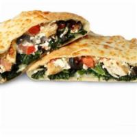 Cyprus Calzone · Oil and garlic, fresh grilled chicken, olives, tomatoes, spinach and feta cheese.